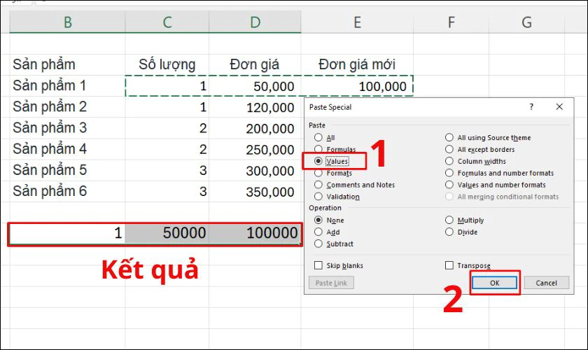 Trong hộp thoại Paste Special, chọn Values và nhấn OK