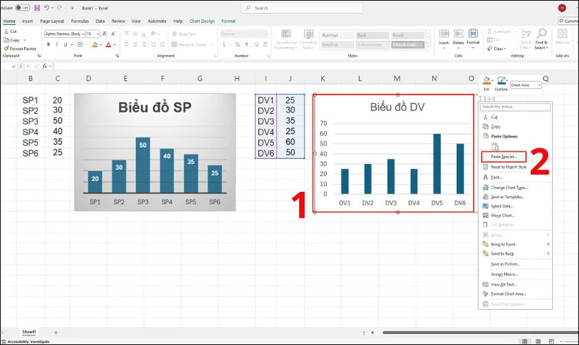 Chọn biểu đồ bạn muốn định dạng rồi vào Paste Special