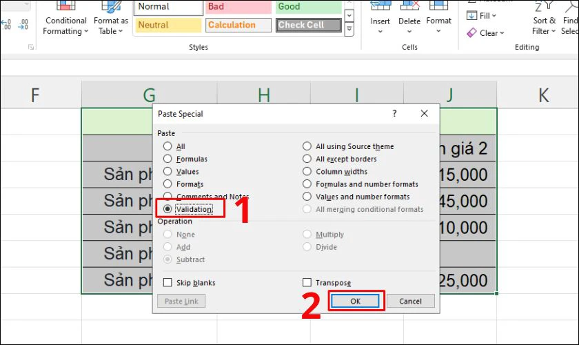 Chọn Validation trong hộp thoại Paste Special