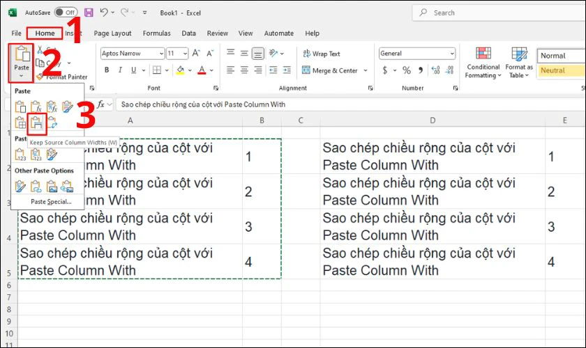 Chọn Keep Source Column Widths để giữ nguyên kích thước cột