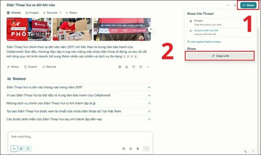 Perplexity AI còn cho phép chia sẻ kết quả tìm kiếm với người khác