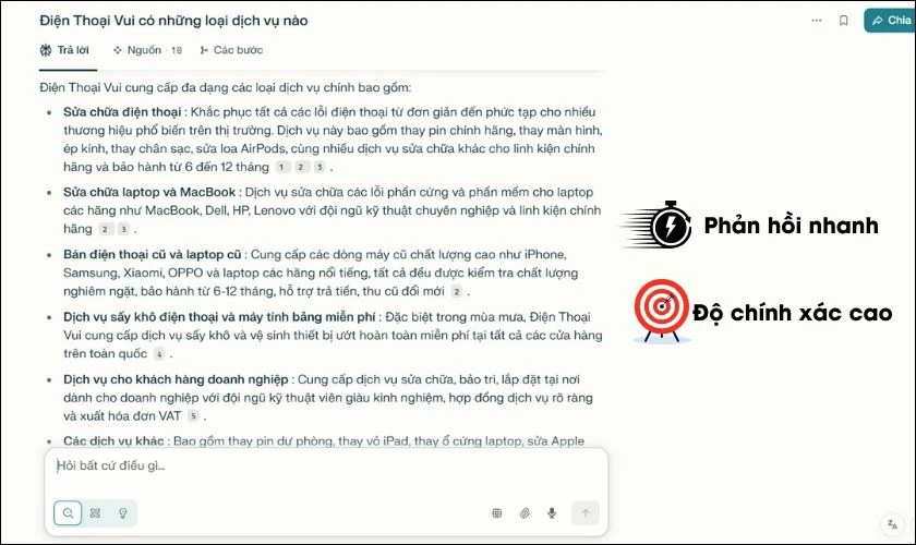 Perplexity AI có thể xử lý truy vấn chỉ trong vài giây và đưa ra câu trả lời ngắn gọn