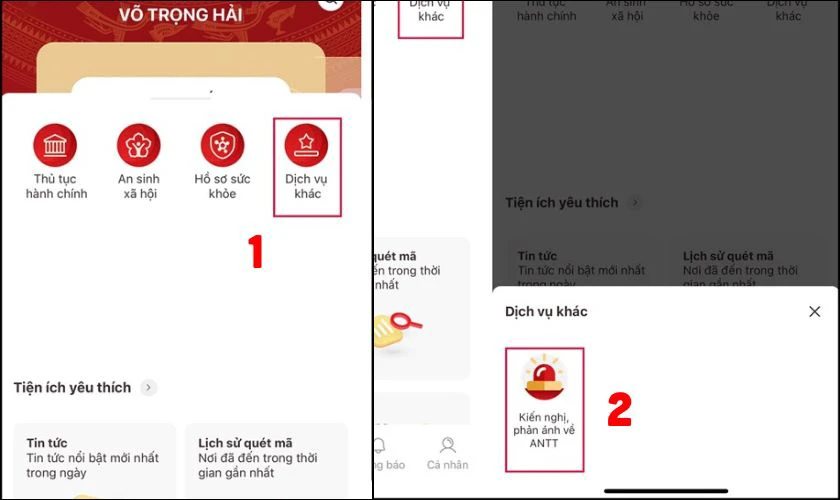 Chọn Dịch vụ khác - Kiến nghị, phản ánh về ANTT