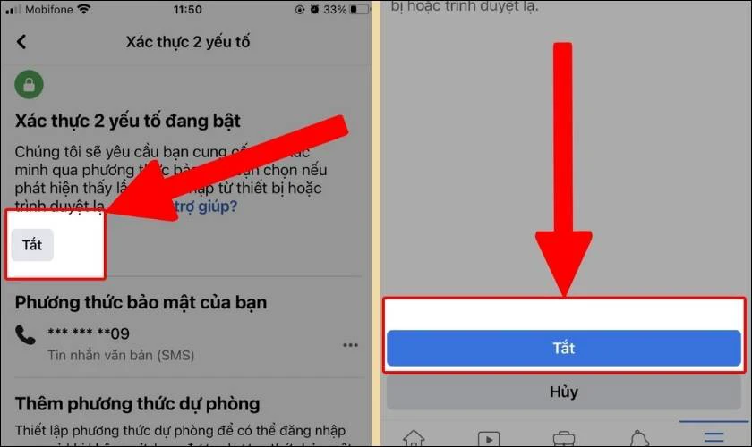 Tại mục Xác thực 2 yếu tố, bạn nhấn chọn nút Tắt