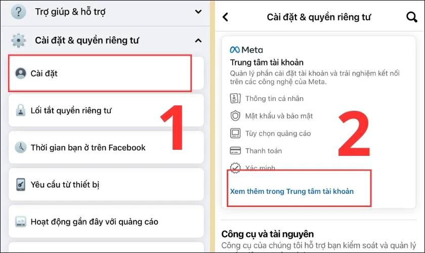 Chọn Cài đặt, chọn Xem thêm trong Trung tâm tài khoản