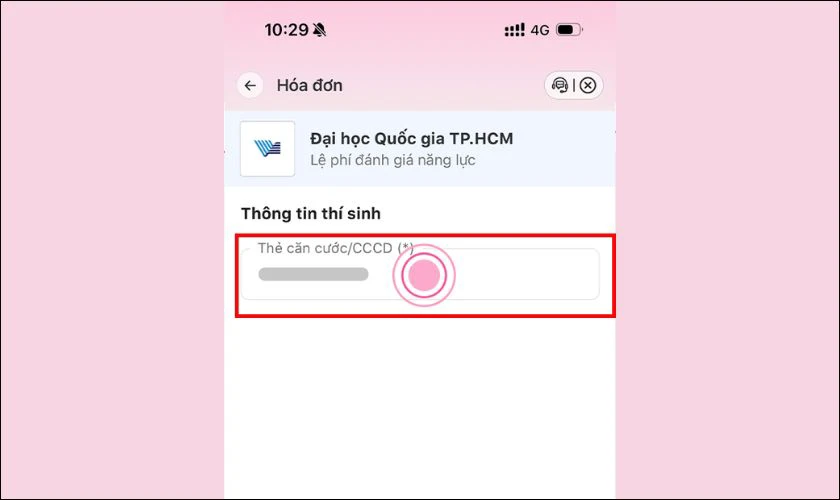Nhập số CMND hoặc CCCD để hệ thống tra cứu khoản phí cần nộp