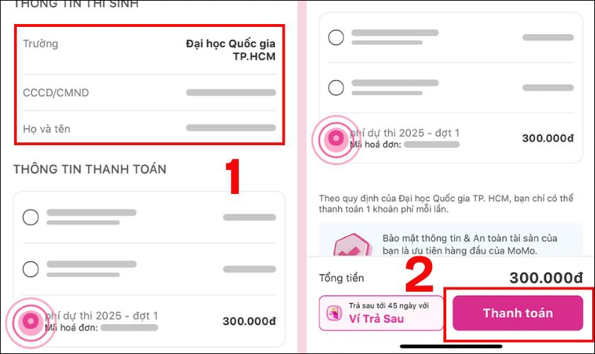 Kiểm tra lại các khoản phí, nếu chính xác, bấm Thanh toán