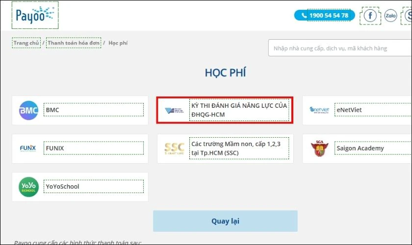 Chọn vào mục KỲ THI ĐÁNH GIÁ NĂNG LỰC CỦA ĐHQG-HCM