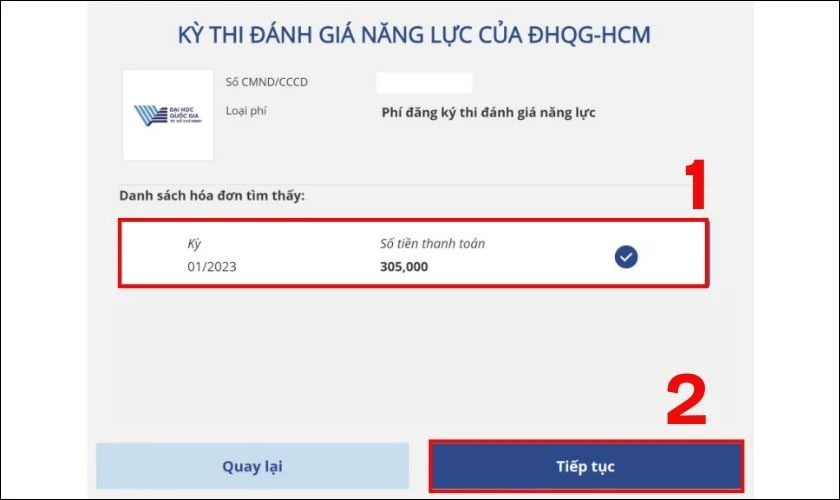 Hệ thống hiển thị phí cần thanh toán
