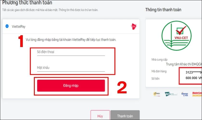 Nhập số điện thoại/ mật khẩu đã đăng ký với tài khoản của Viettel Pay 