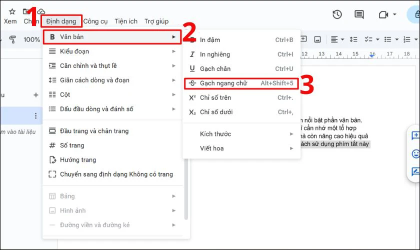 Sau đó nhấn vào tùy chọn Gạch ngang chữ trong danh sách