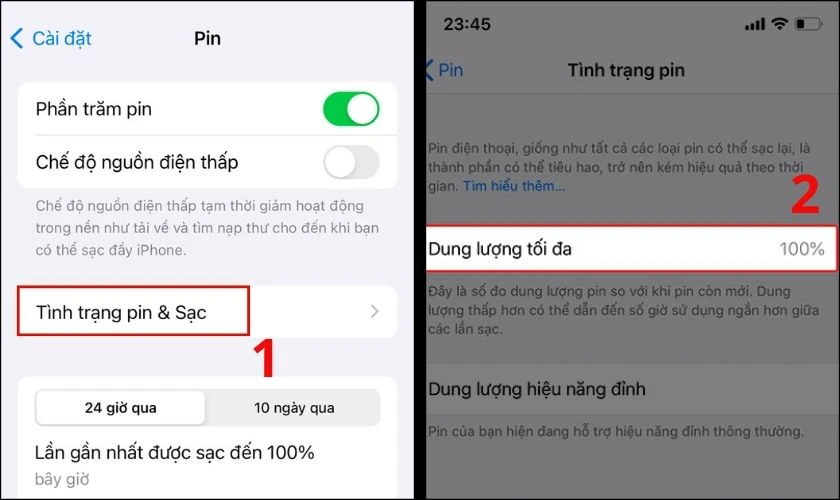 Kiểm tra tình trạng sức khỏe pin tại mục Dung lượng tối đa