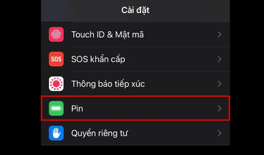 Truy cập vào Cài đặt và tìm mục Pin