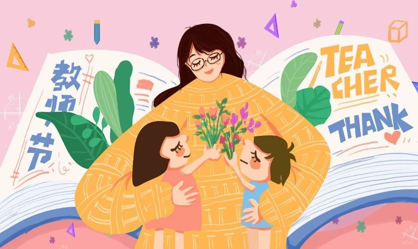 Tranh học sinh tặng hoa cho cô giáo