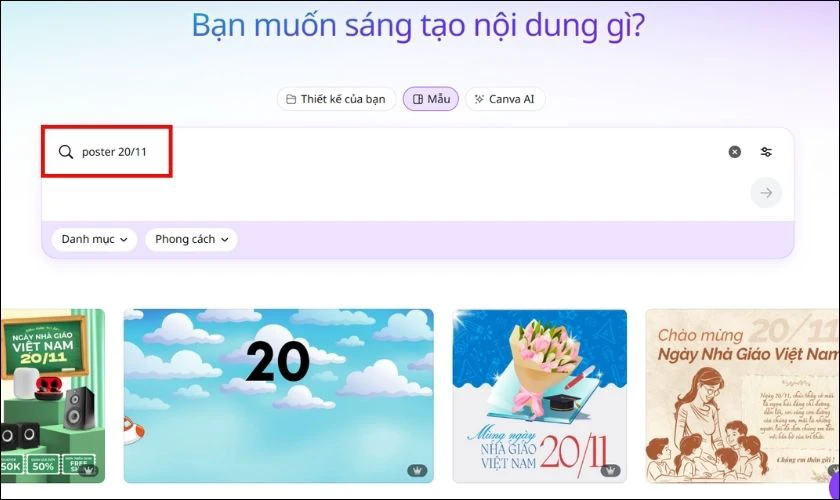 Chọn mẫu poster 20/11 trên Canva