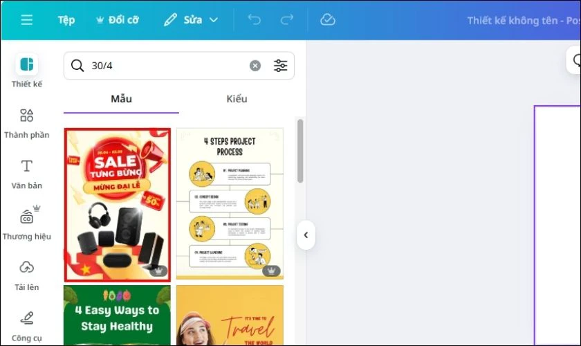 Tìm các mẫu template có sẵn bằng cách nhập 30/4 vào thanh tìm kiếm của Canva
