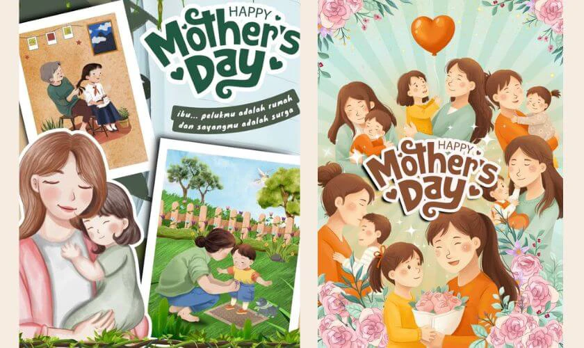 Khung hình vẽ tay với hoa và ánh sáng tượng trưng tình mẫu tử