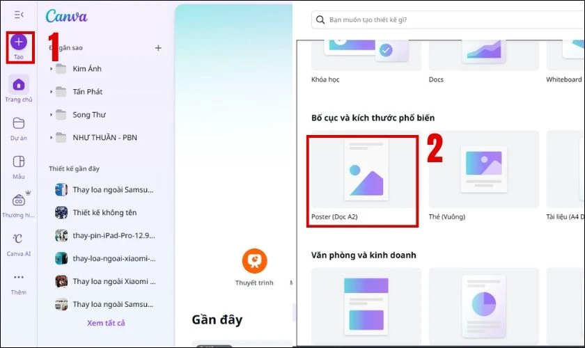 Mở Canva, chọn Tạo và chọn Kích thước