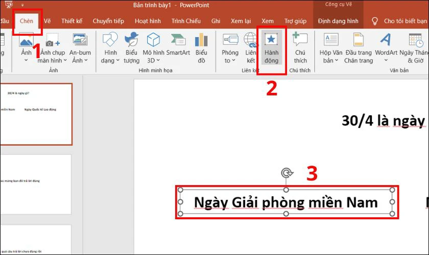 Chọn lần lượt vào từng đáp án bạn đã tạo rồi nhấp vào Chèn, sau đó chọn Hành động