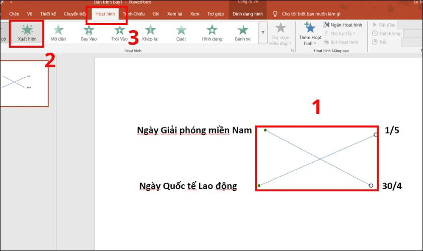 Nhấp chọn mũi tên vừa thêm và chọn tab Hoạt hình, chọn mục Xuất hiện