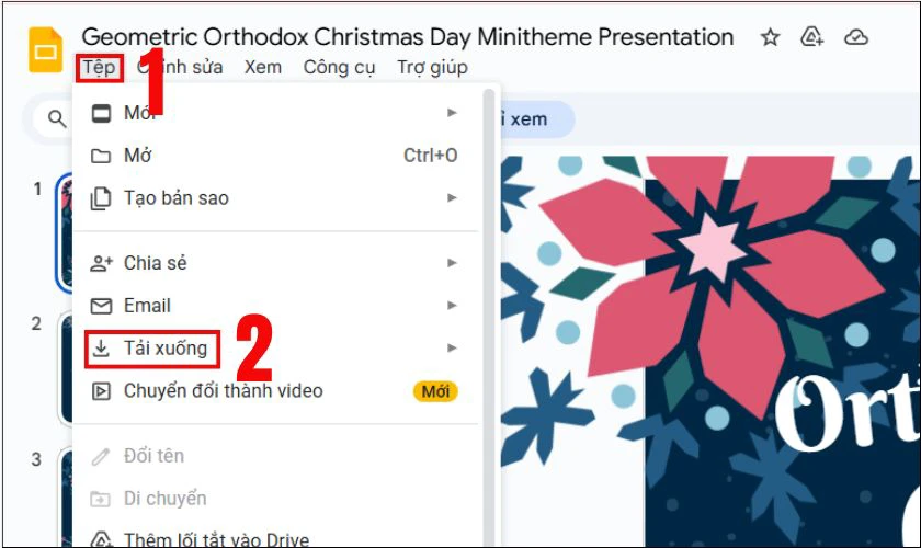 Trên thanh Menu, bạn chọn vào mục Tệp, chọn tiếp vào Tải xuống