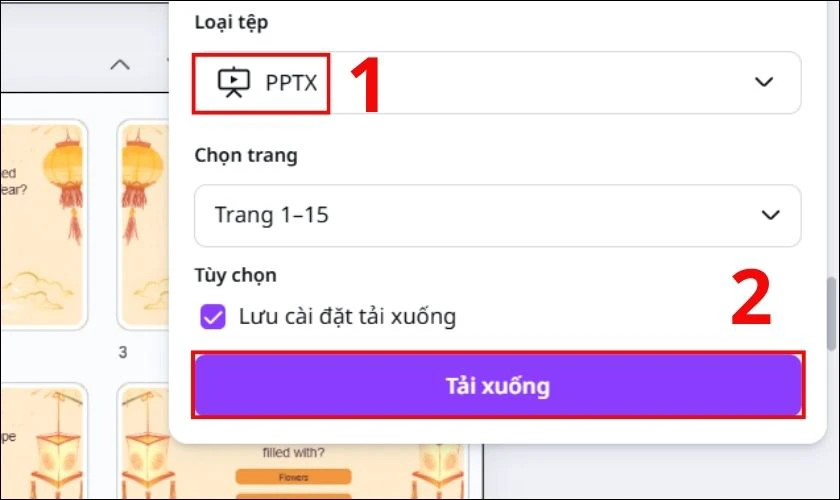 Tại loại tệp, bạn bấm chọn vào PPTX và nhấn tiếp tục vào Tải xuống
