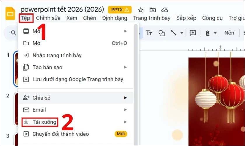 Trên thanh công cụ, bạn chọn vào mục Tệp, sau đó chọn tiếp vào Tải xuống