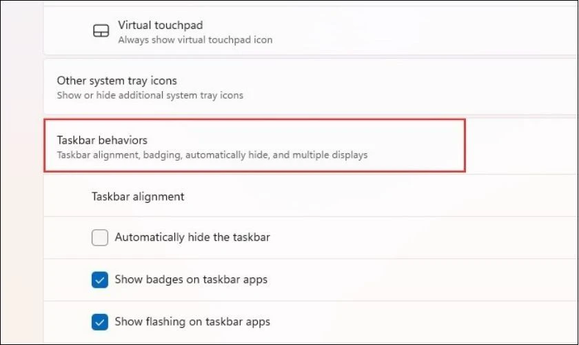 Chọn mục Taskbar behavior