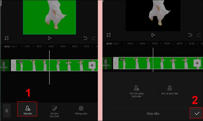 Chọn xóa nền, đợi CapCut xử lý và chọn biểu tượng lưu