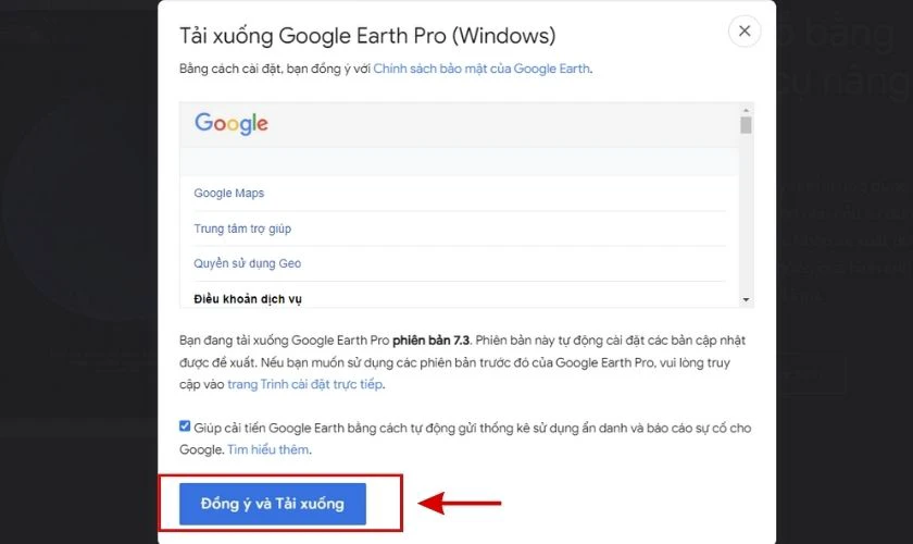 Xác nhận Chính sách bảo mật của Google Earth