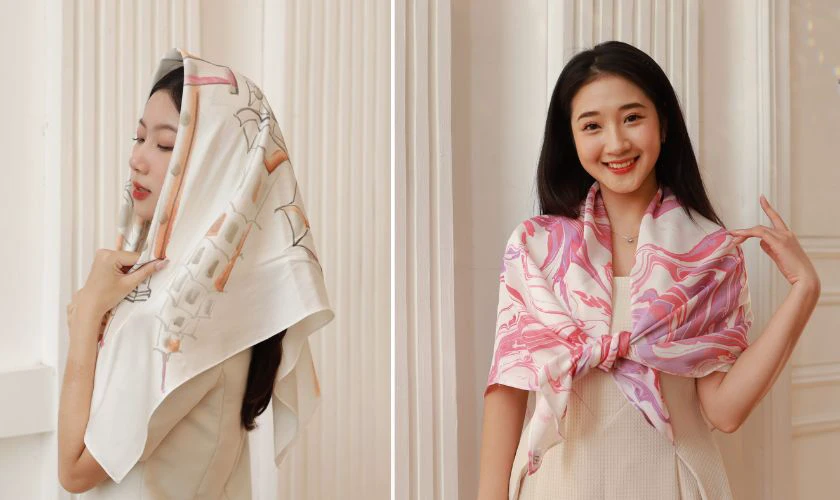 Quà 1/6 cho người yêu HOT TREND - Khăn choàng lụa họa tiết hoa