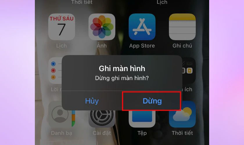 Nhấn vào nút Dừng để ngừng quay màn hình