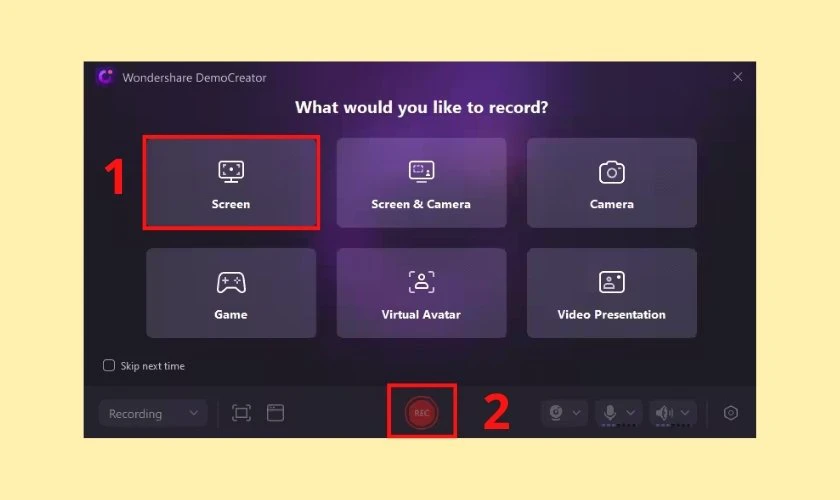 Chọn khu vực màn hình và bật micro