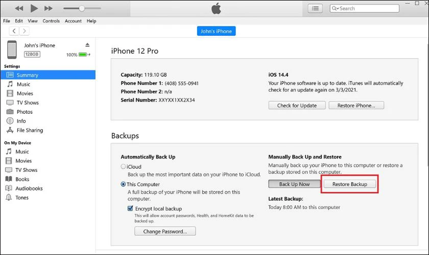 Chọn vào Restore Backup