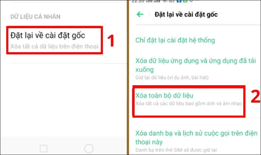 Chọn vào Đặt lại cài đặt gốc, sau đó chọn Xóa toàn bộ dữ liệu