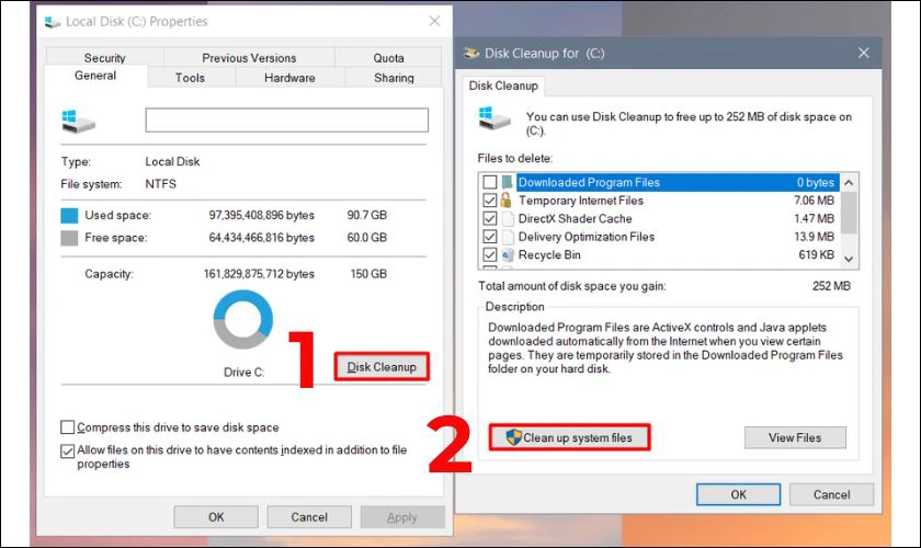 Sử dụng Disk Cleanup để xóa file hệ thống