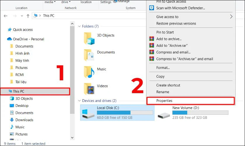 Chọn This PC ở cột bên trái. Sau đó, click phải chuột vào ổ đĩa mà bạn muốn quét, chọn Properties
