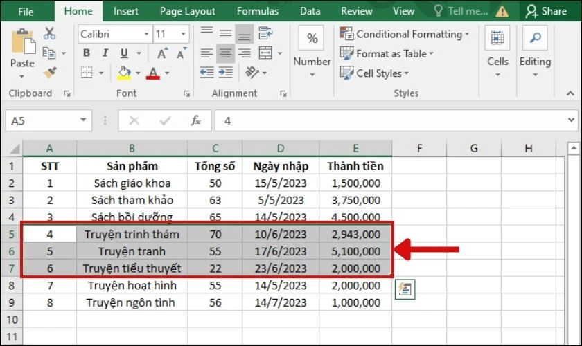 Chọn vị trí cần chèn thêm hàng trong Excel