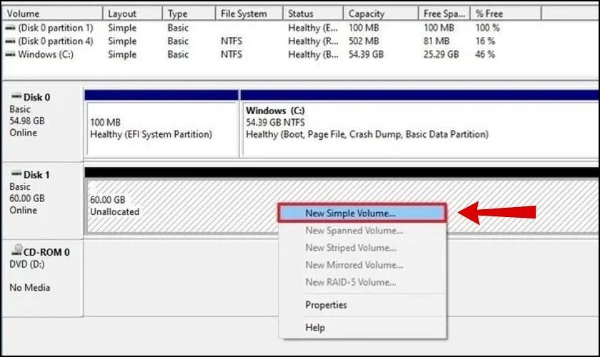 Nhấn chuột phải vào ổ cứng mới và chọn New Simple Volume