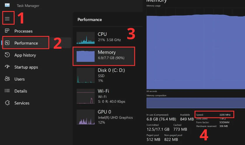 Chọn mục Perfomance rồi chọn Memory để xem Speed