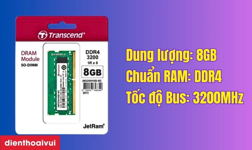 Th&ocirc;ng số kỹ thuật của RAM laptop Transcend DDR4 8GB BUS 3200