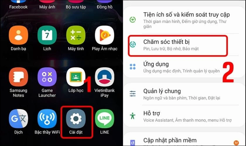Truy cập cài đặt và vào Chăm sóc thiết bị