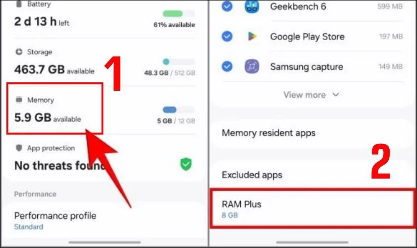 Chọn bộ nhớ và tìm đến RAM Plus