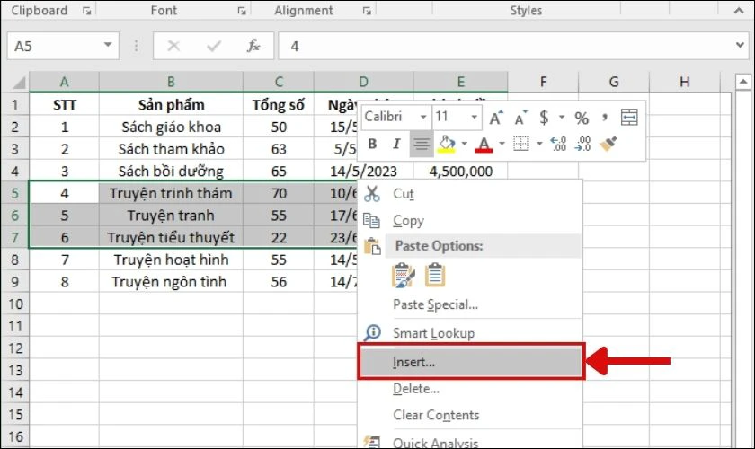 Cách chèn thêm hàng trong Excel bằng công cụ Insert