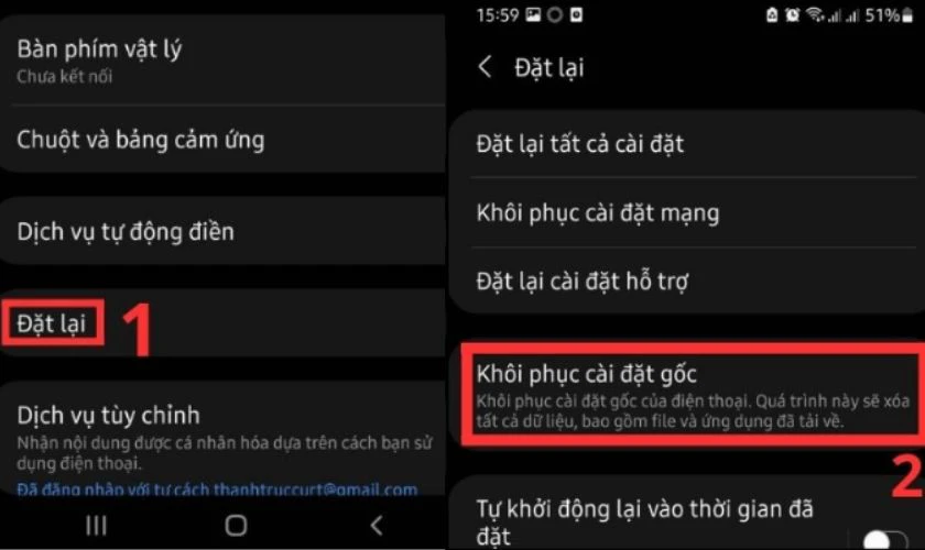 Bạn tiếp tục vào mục Đặt lại nhấn chọn Khôi phục cài đặt gốc