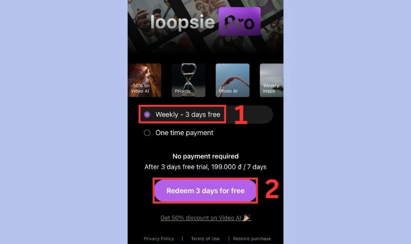 Chọn gói đăng ký Weekly - 3 days free