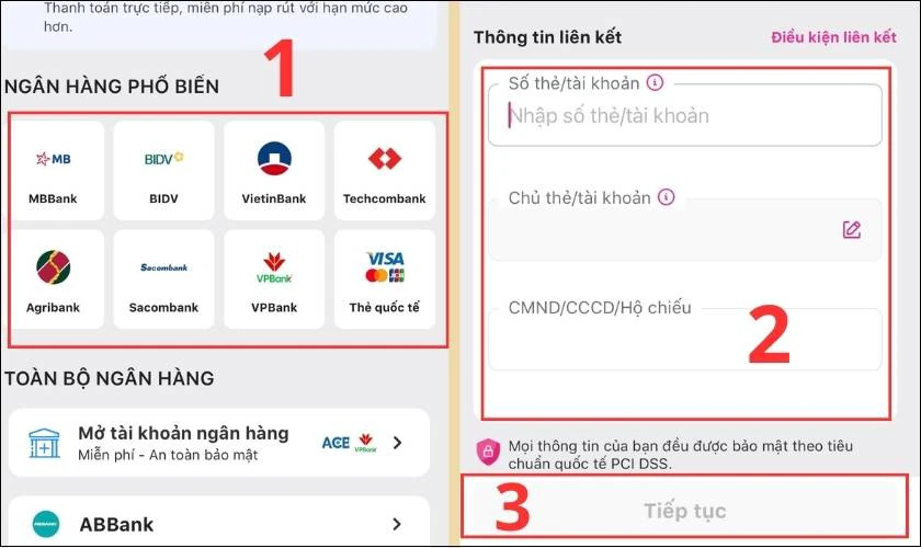 Nhập thông tin về tài khoản ngân hàng muốn liên kết MoMo