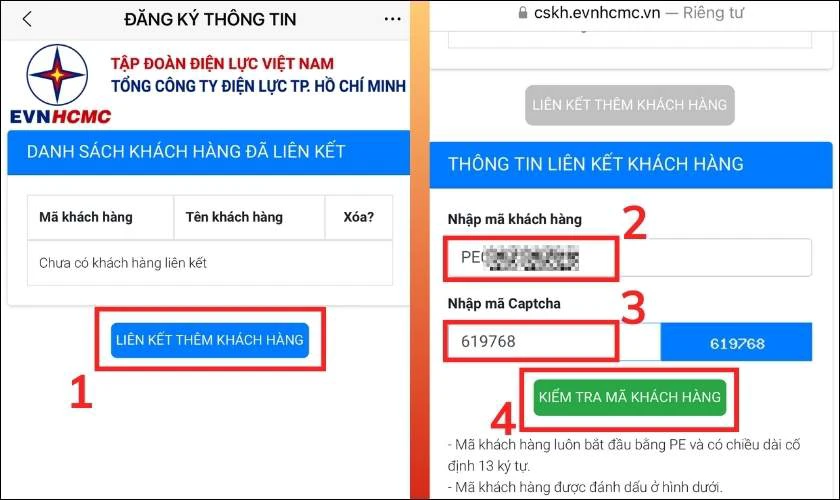 Nhập mã Captcha và nhấn Kiểm tra mã khách hàng