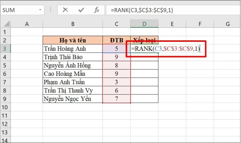 Thiết lập công thức hàm RANK để xếp hạng từ thấp đến cao