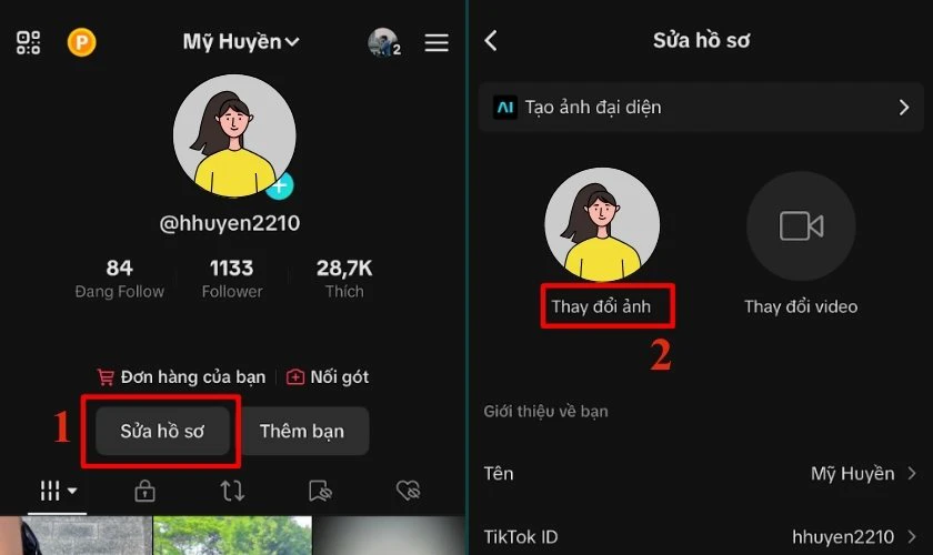Nhấn chọn Sửa hồ sơ và chọn chức năng Thay đổi ảnh